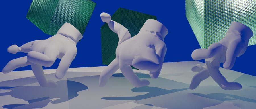 Three copies of Click LaFont walking across a pale plain, in front of floating green mesh panels, against a flat blue sky.